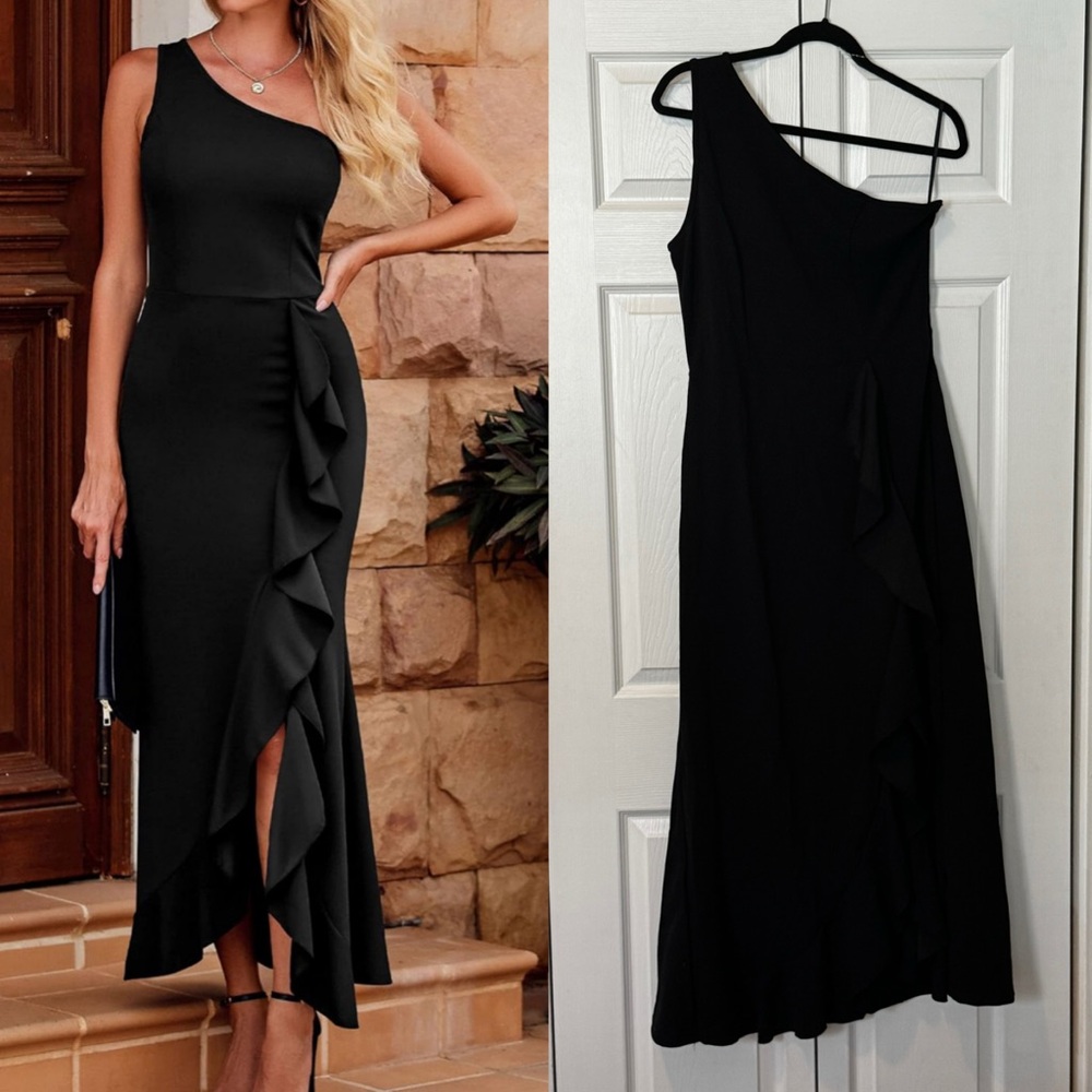 Chic One-Shoulder Black Dress with Ruffle Detail